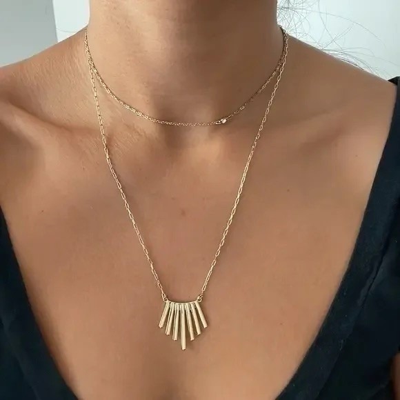 Gold Layered Necklace with Geometric Fan Pendant for Women New this is cool - Picture 2 of 4